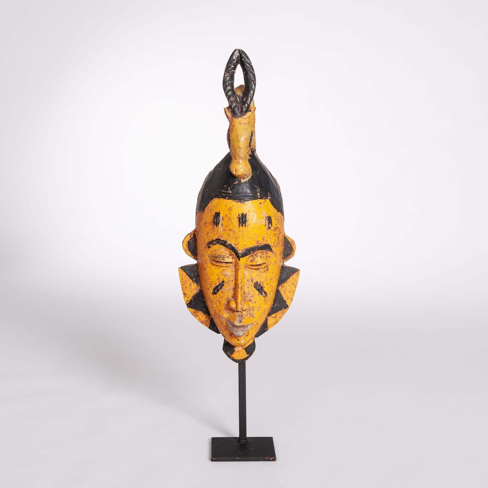 Mid Century Baoule Tribal Mask In Yellow Black With Antelope Head Decoration photo furniture