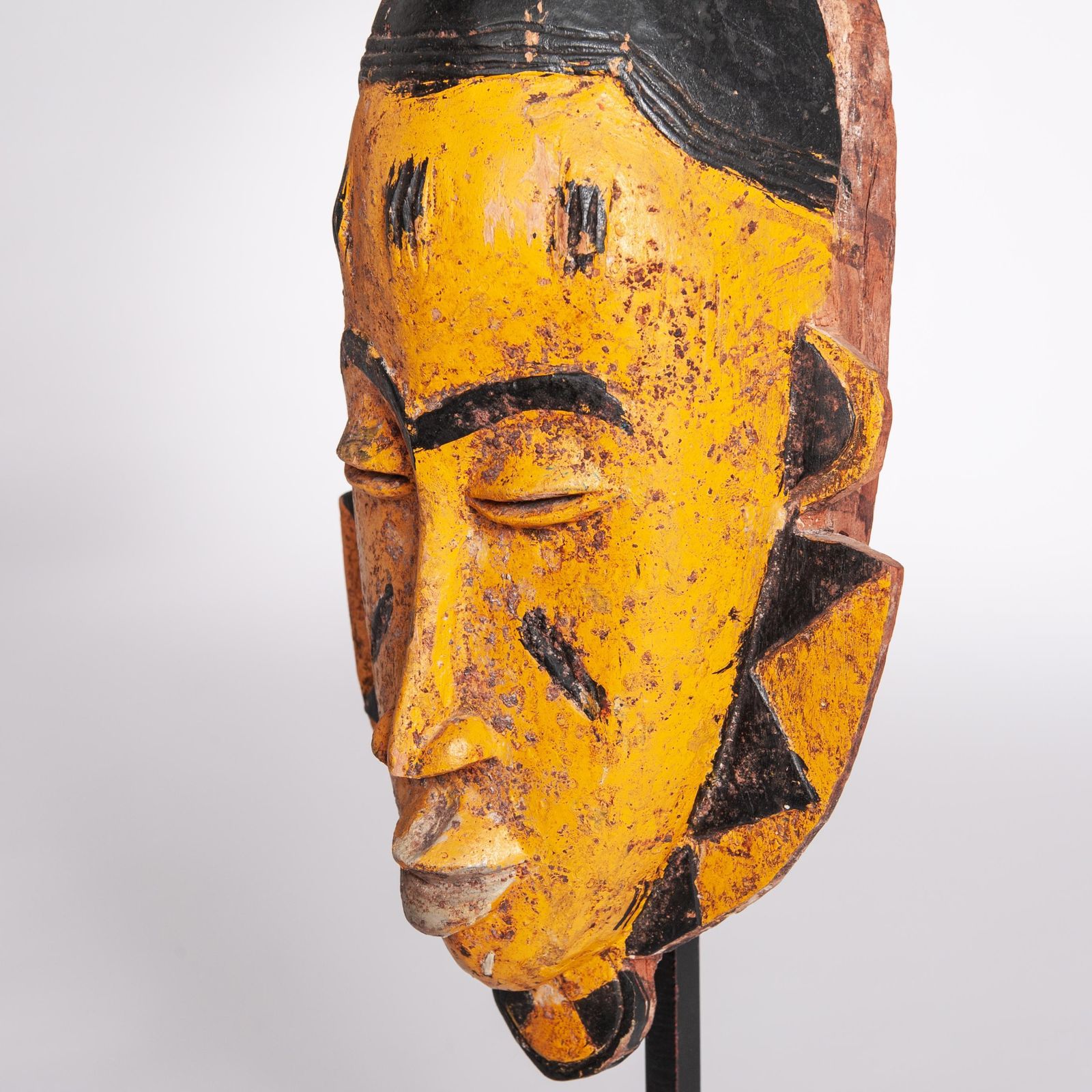 Mid Century Baoule Tribal Mask In Yellow Black With Antelope Head Decoration photo Art