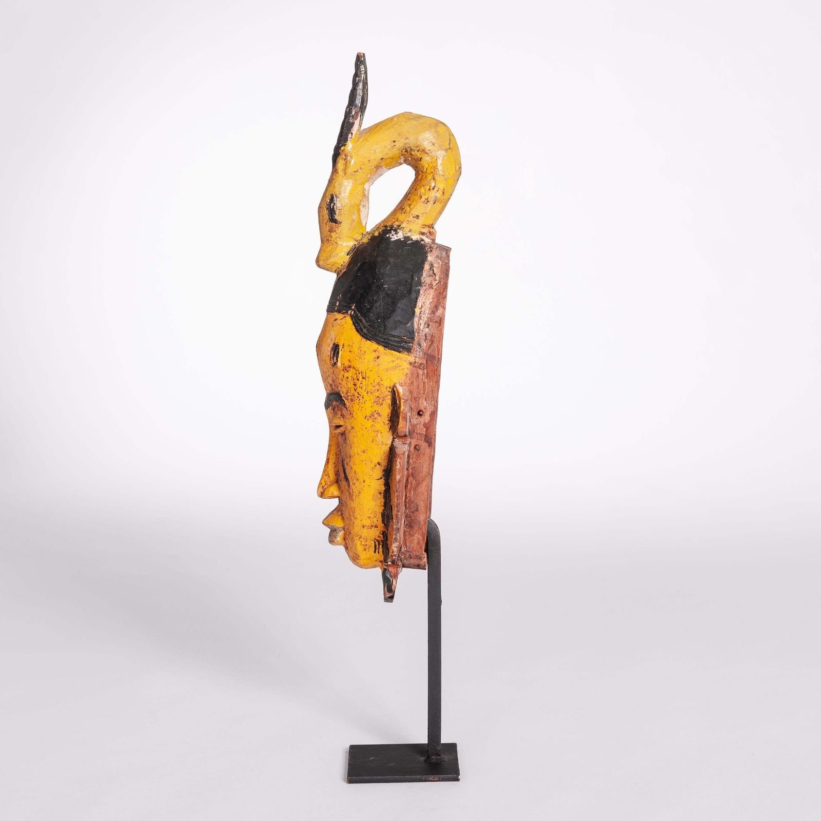 Mid Century Baoule Tribal Mask In Yellow Black With Antelope Head Decoration photo vinterior