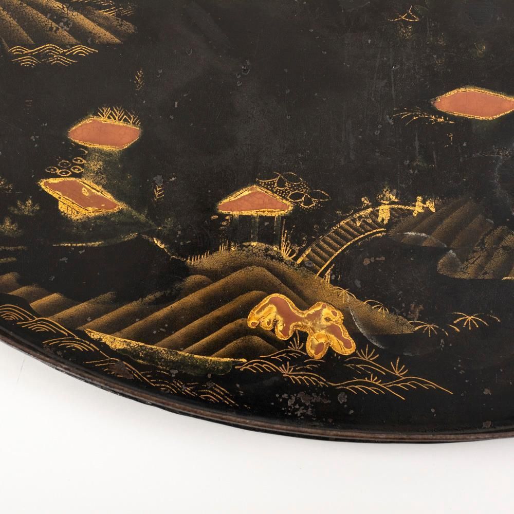 photo furniture French Serving Tray With Chinoiserie Painting On Black Metal, Early 19th Century