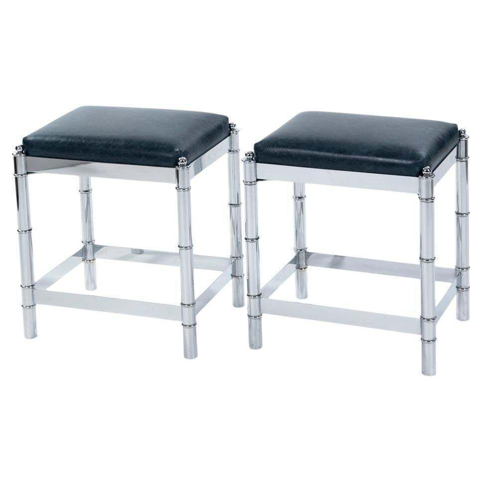 Pair Of Italian Mid Century Faux Bamboo Nickeled Stools Turquise Leather 1970s