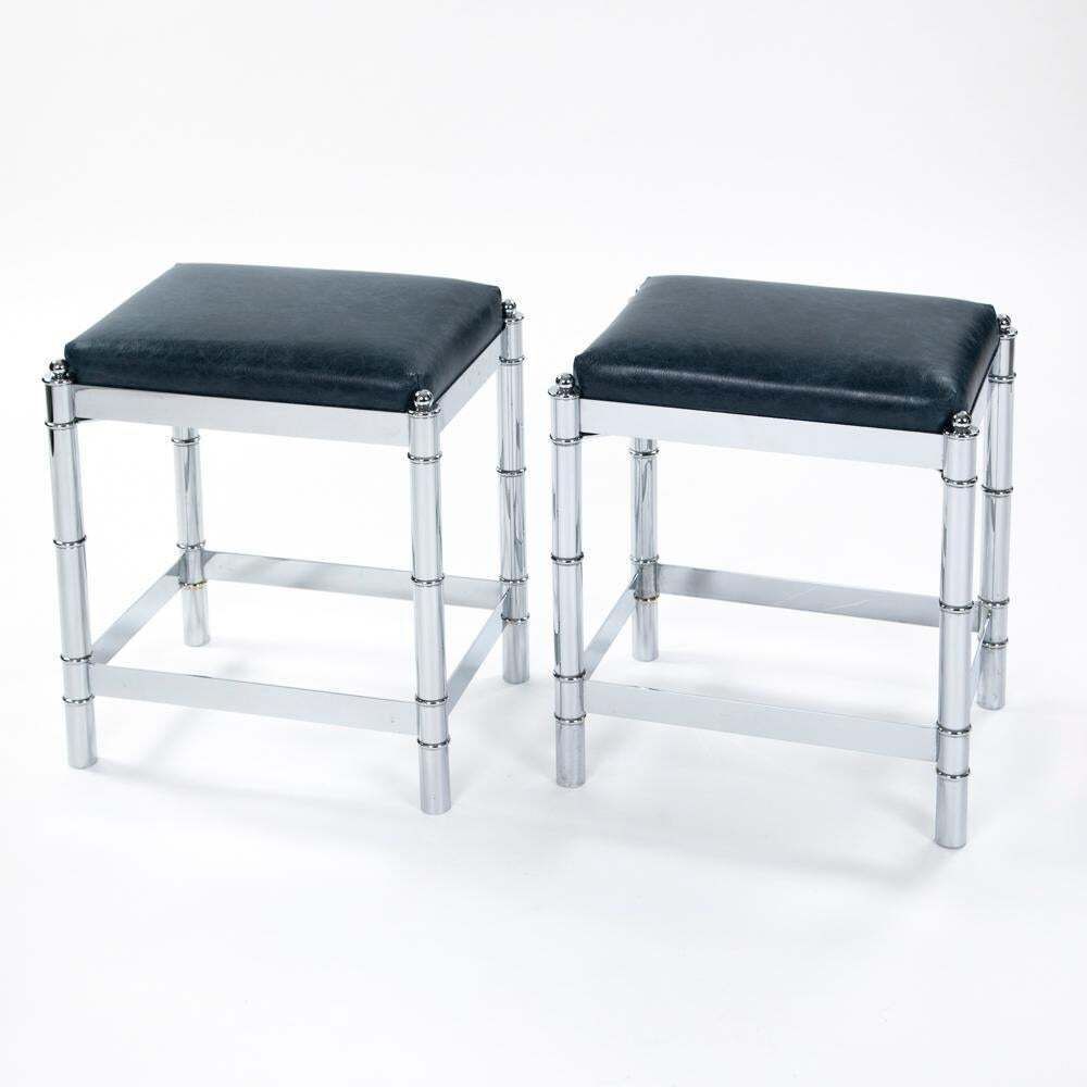 Pair Of Italian Mid Century Faux Bamboo Nickeled Stools Turquise Leather 1970s photo furniture