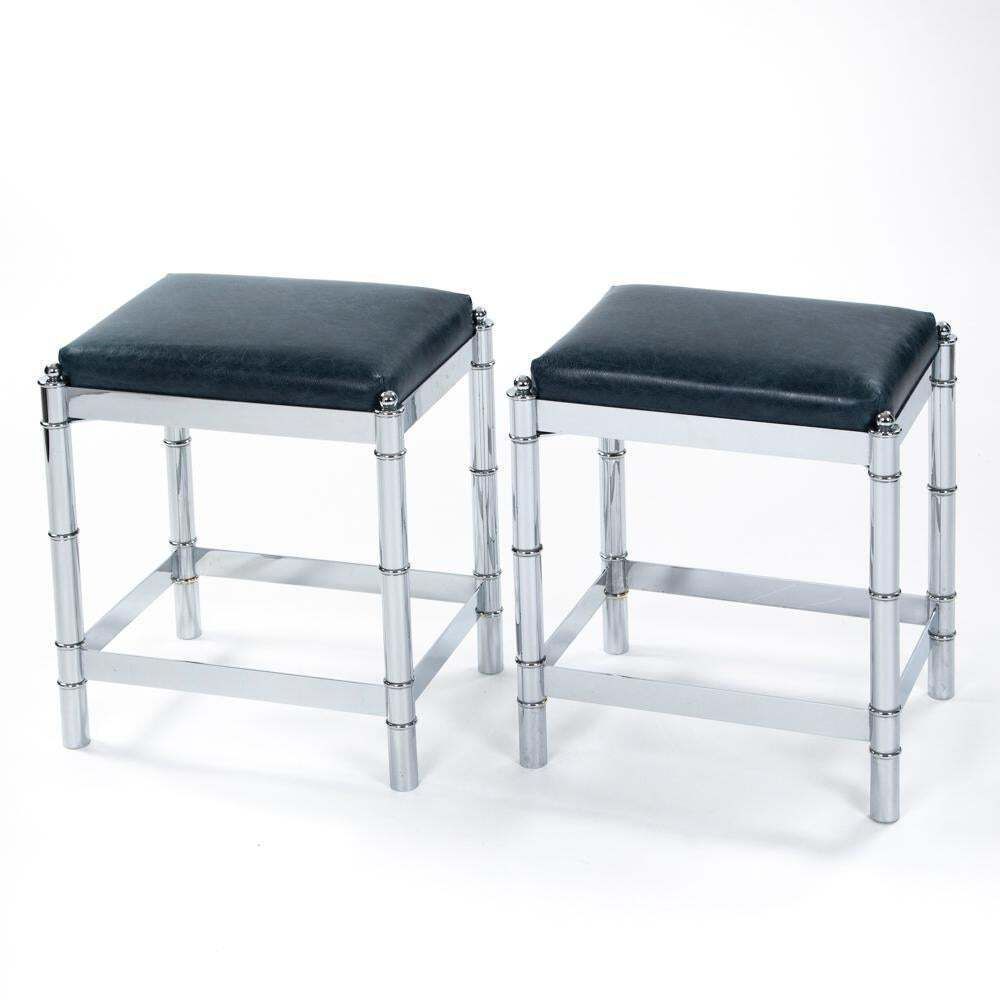 Pair Of Italian Mid Century Faux Bamboo Nickeled Stools Turquise Leather 1970s photo for sale