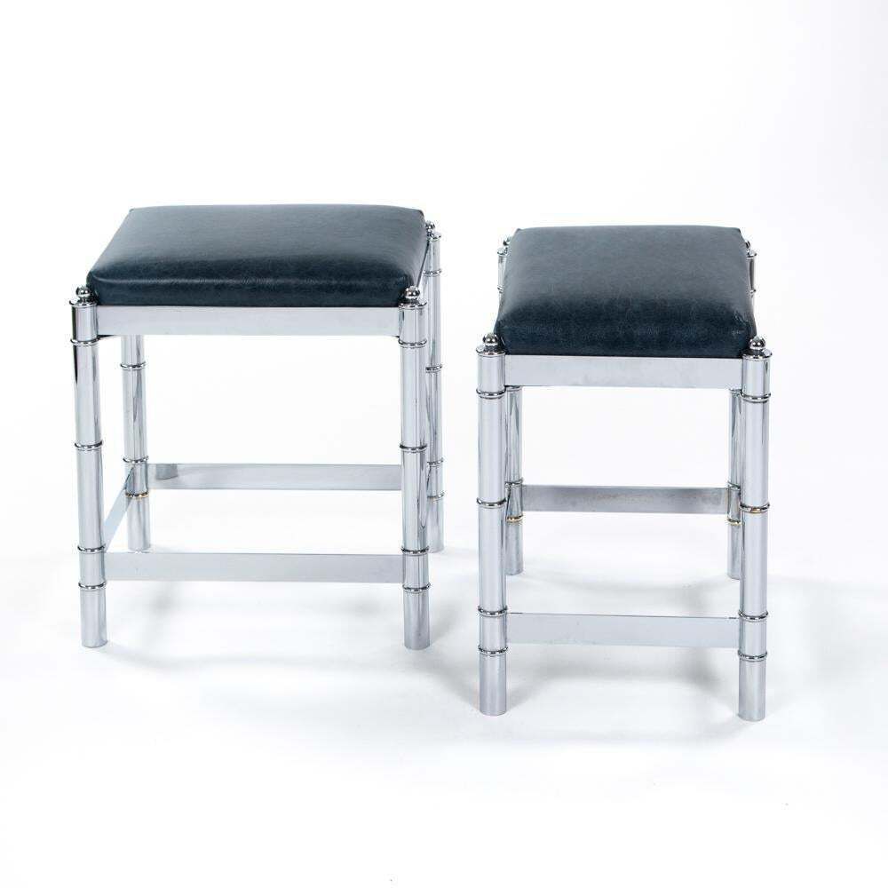 Pair Of Italian Mid Century Faux Bamboo Nickeled Stools Turquise Leather 1970s photo Furniture