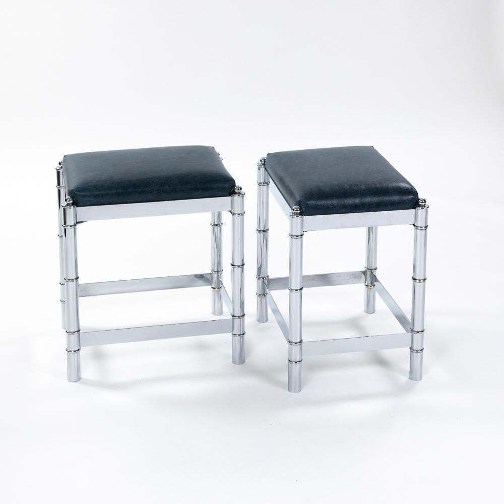 Pair Of Italian Mid Century Faux Bamboo Nickeled Stools Turquise Leather 1970s photo 3095.0