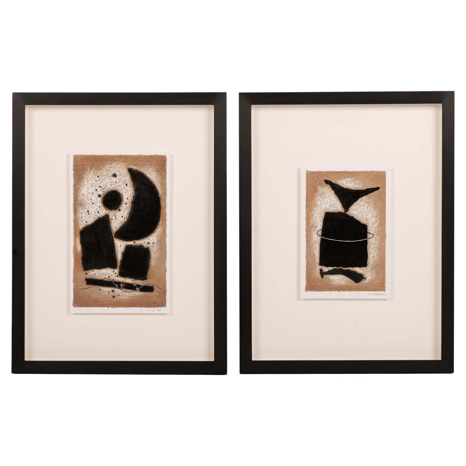 Pair Of Abstract Collages Brown Black Monogrammed And Dated Norbert Krabbe, 1997