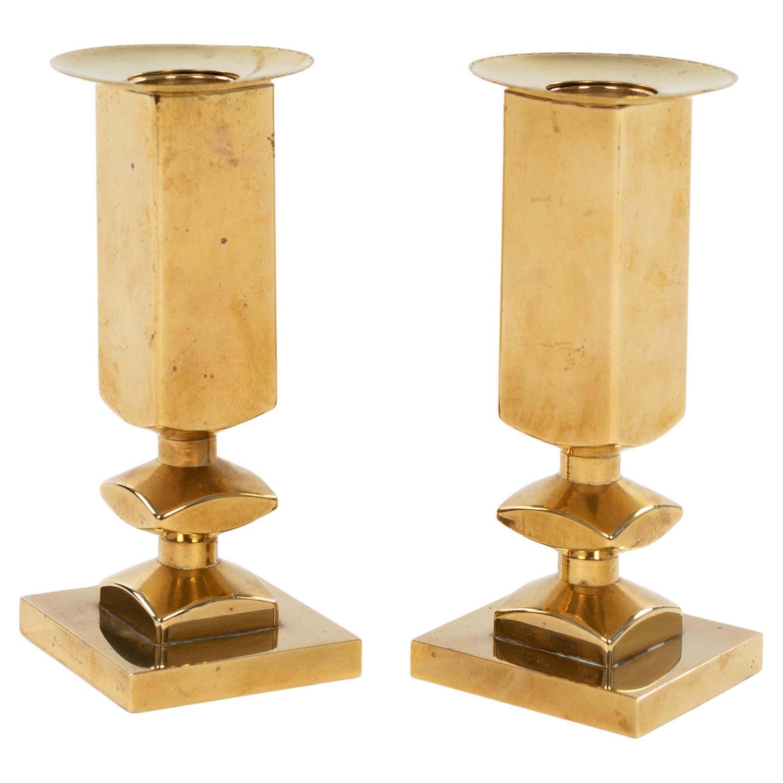 Pair Of Modern, Heavy Brass Candlesticks By Lars Bergsten For Gusum 1985, Signed