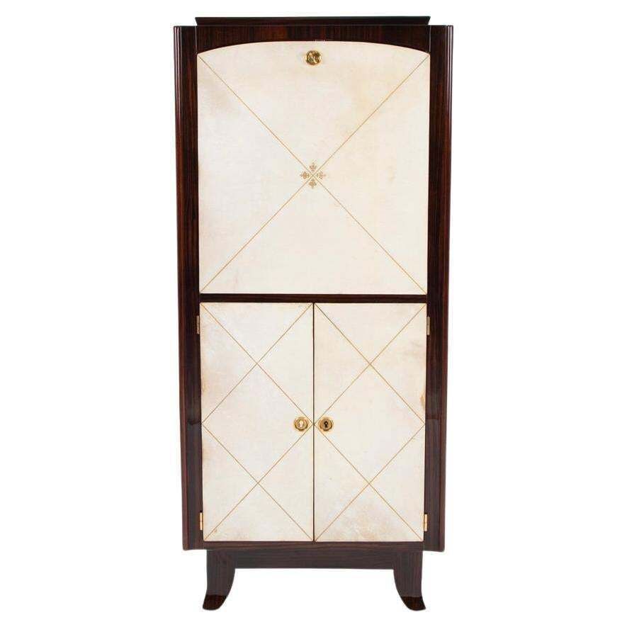 French Art Déco Bar In Macassar, Parchment, Brass Hardware, Signed Paris 1940s