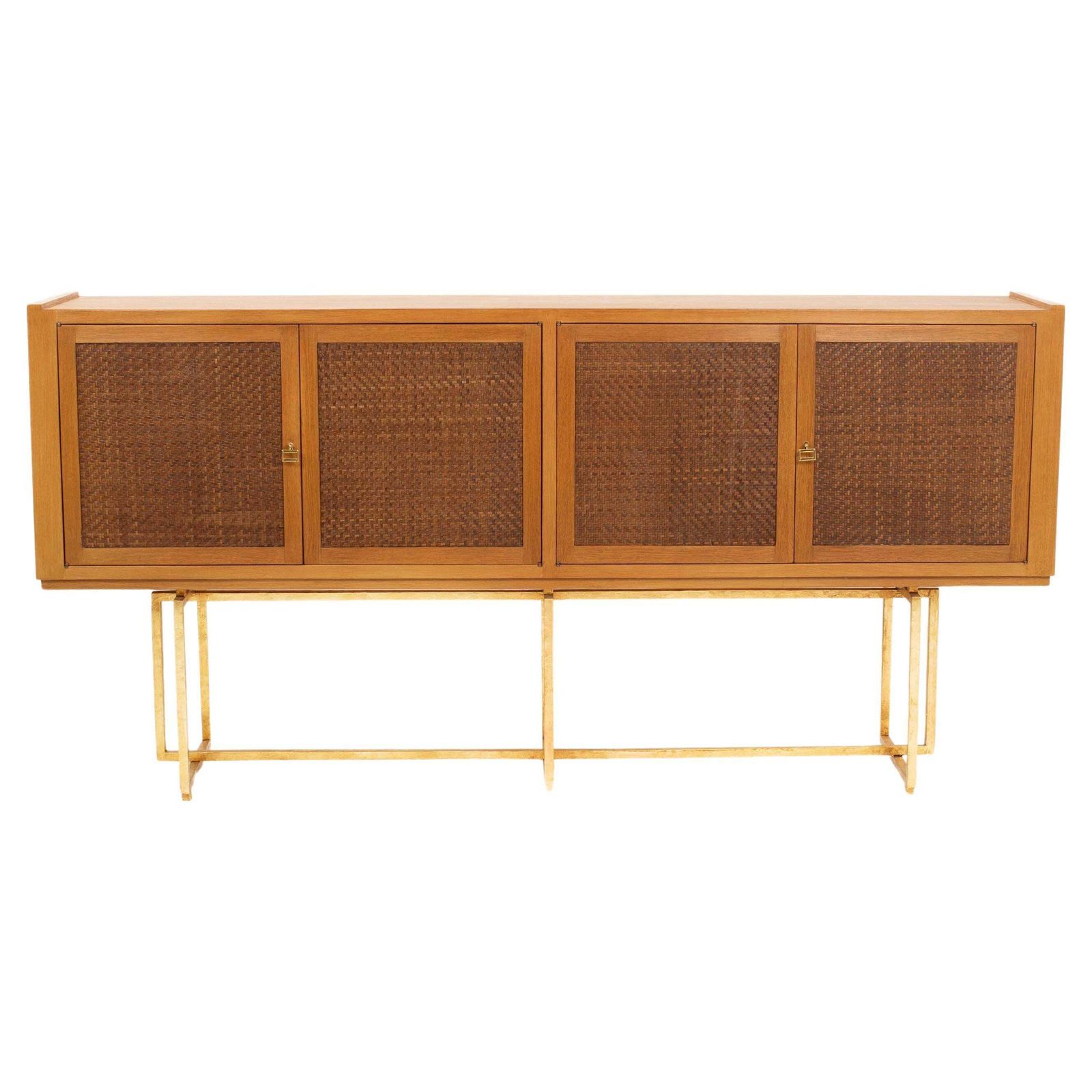 Mid Century Italian Sideboard Oakwood Gilt Metal Base, Leather Front Doors 1960s