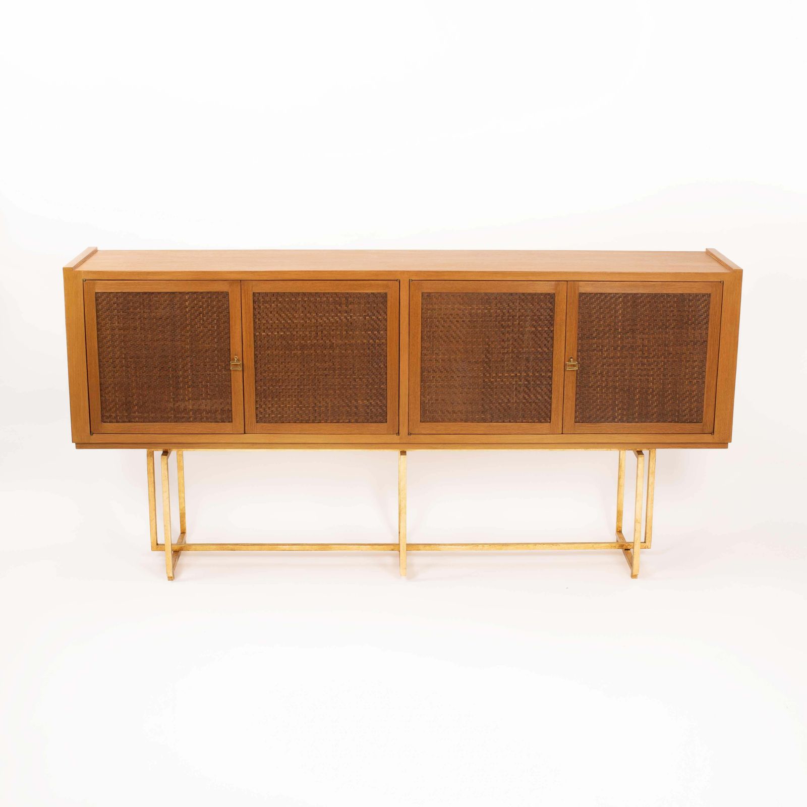 Mid Century Italian Sideboard Oakwood Gilt Metal Base, Leather Front Doors 1960s photo furniture