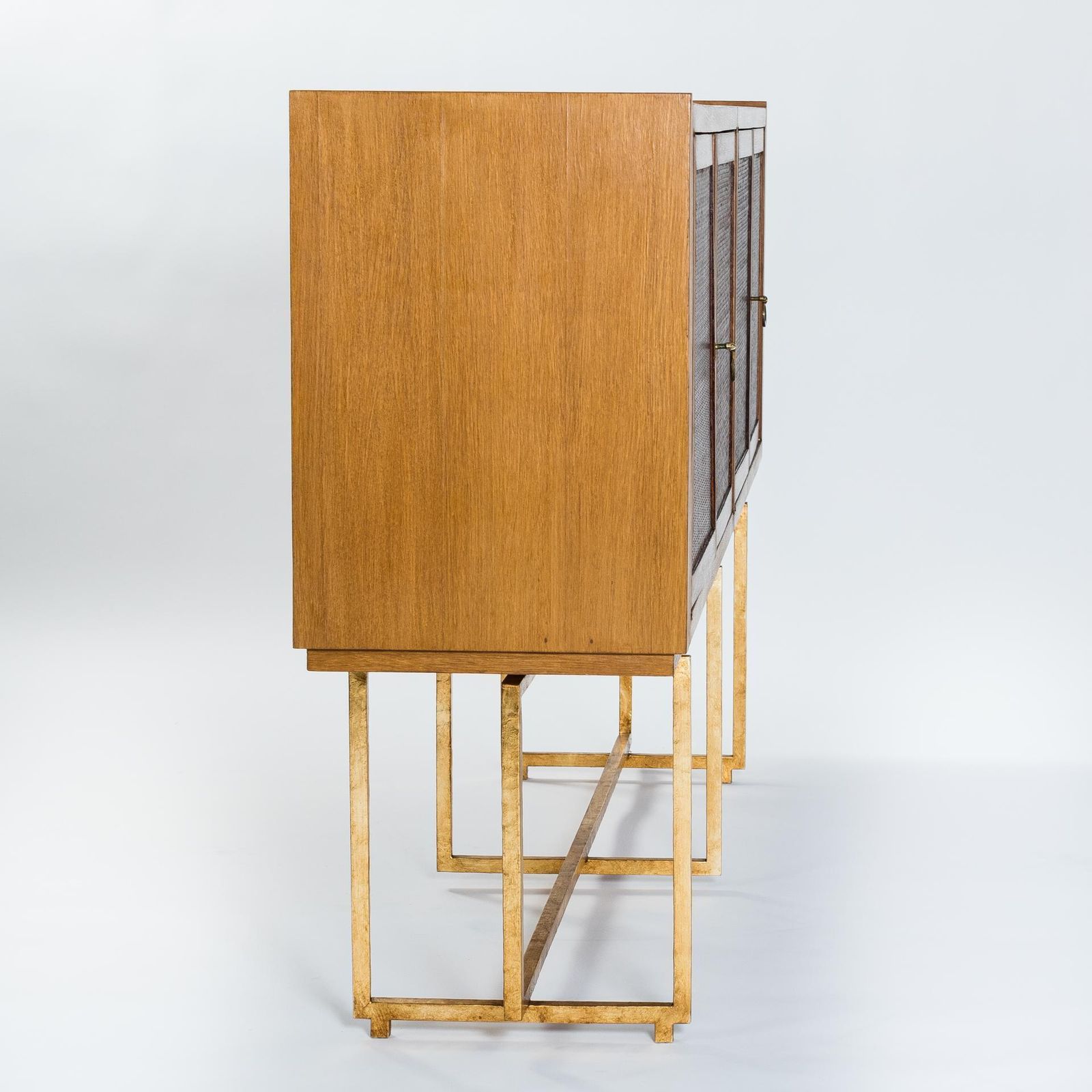 photo buy Mid Century Italian Sideboard Oakwood Gilt Metal Base, Leather Front Doors 1960s