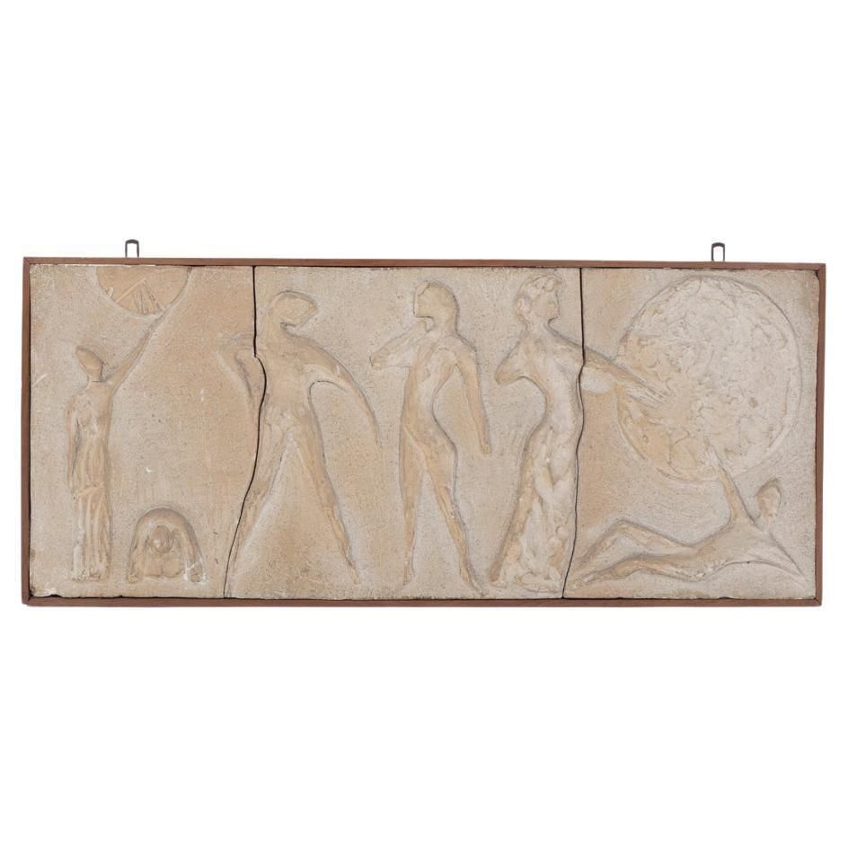 Italian Mid Century Sculptural Figurative Sandstone Wall Pannel Signed 1950s