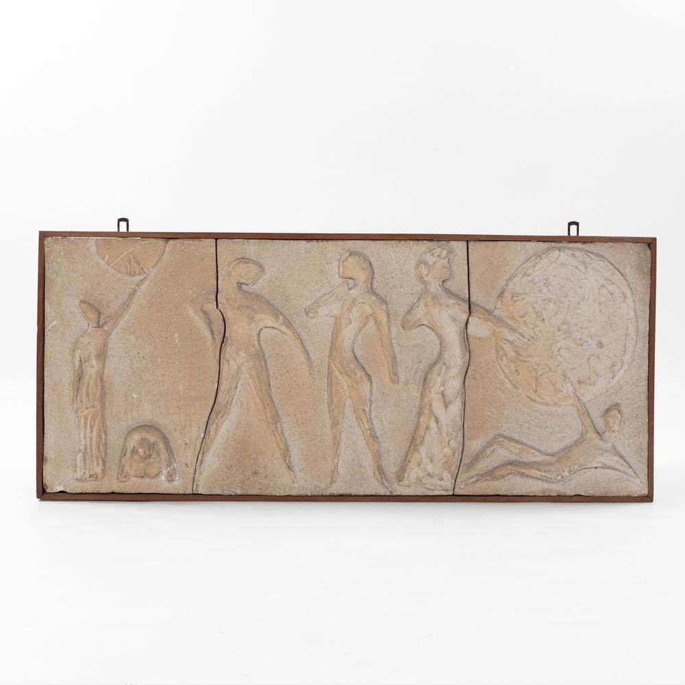 Italian Mid Century Sculptural Figurative Sandstone Wall Pannel Signed 1950s photo furniture