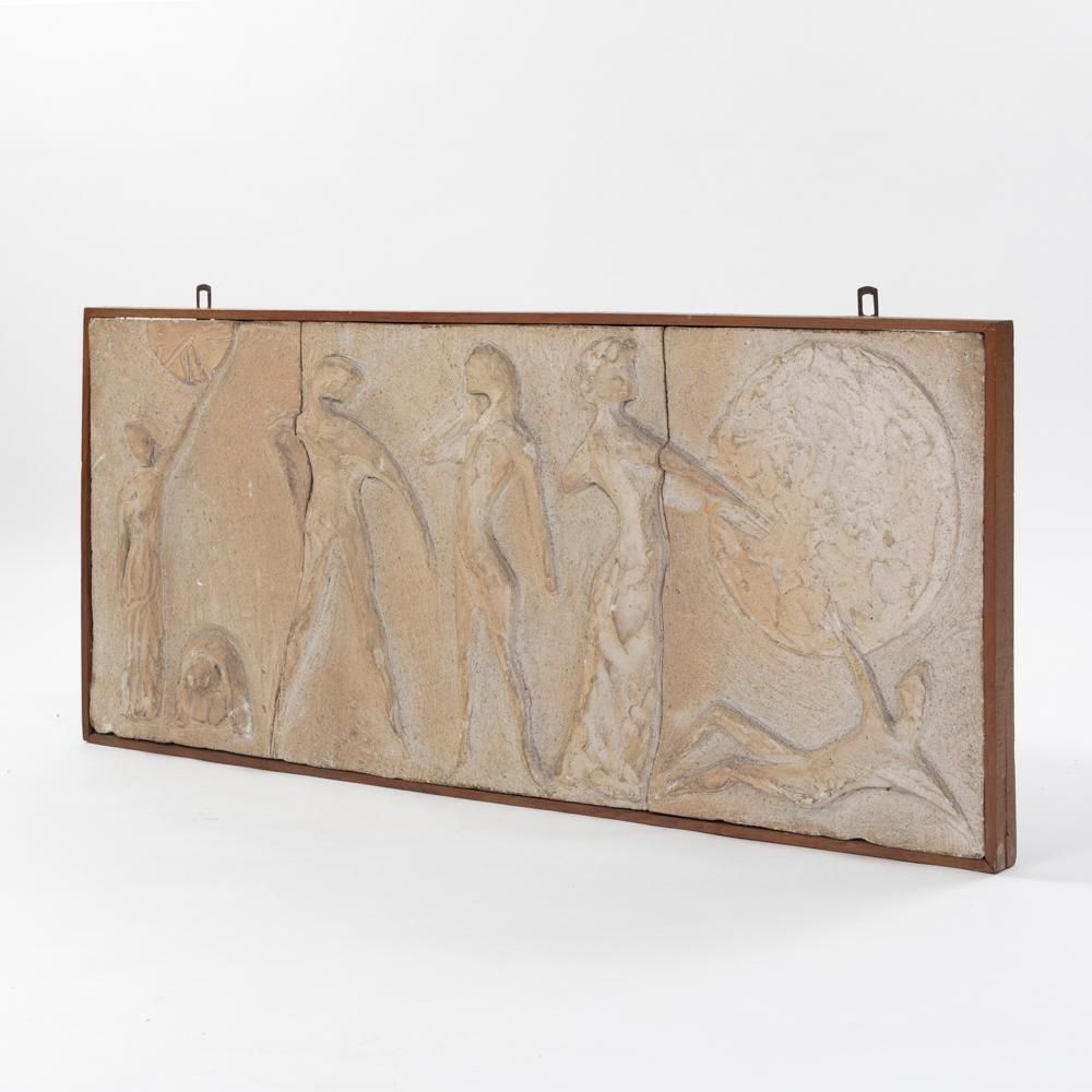 photo vintage Italian Mid Century Sculptural Figurative Sandstone Wall Pannel Signed 1950s
