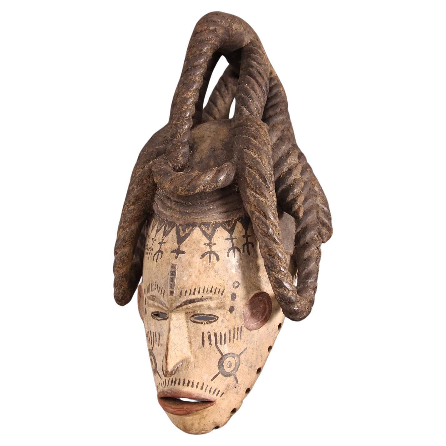 African Wooden Female Igbo Agbogo Tribal Mask Brown Red Beige Nigeria 1970s