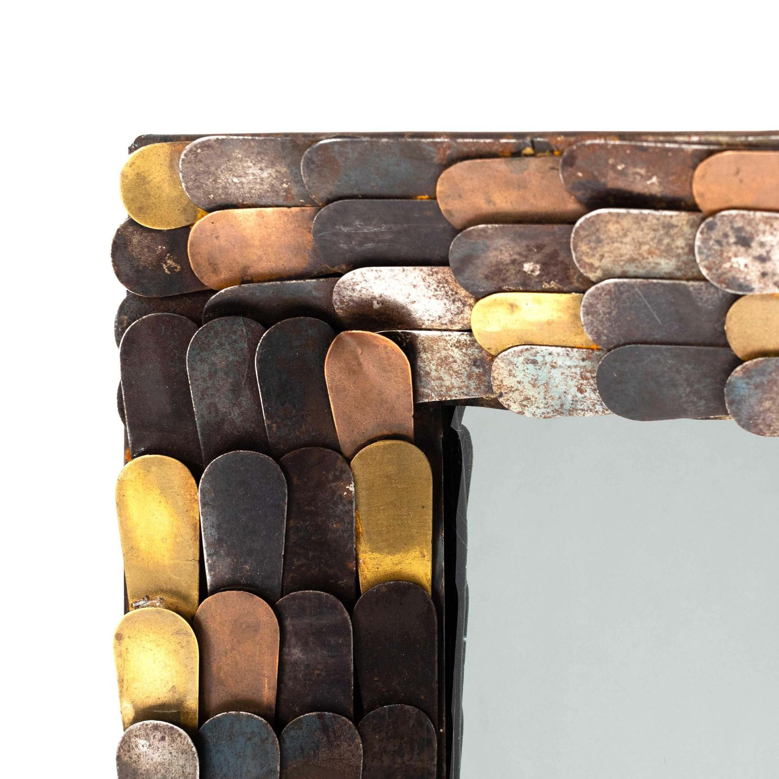 French Mid Century Mirror With Metal Scales Of Copper, Brass And Iron 1960s photo for sale