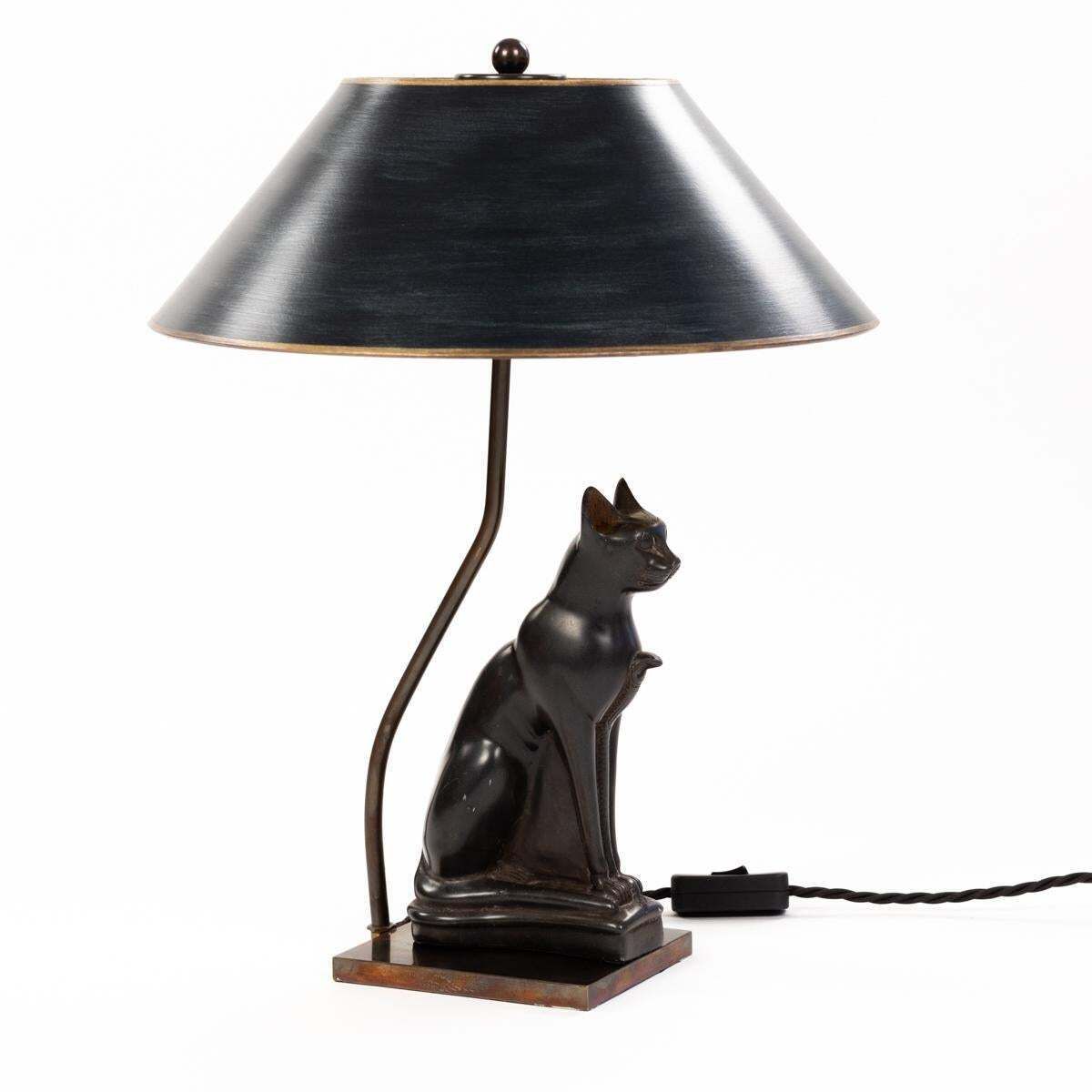 French Art Deco Figural Table Lamp Of A Sitting Stone Cat God France, 1940 Ies photo furniture