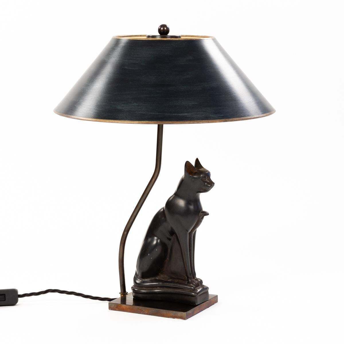 French Art Deco Figural Table Lamp Of A Sitting Stone Cat God France, 1940 Ies photo for sale