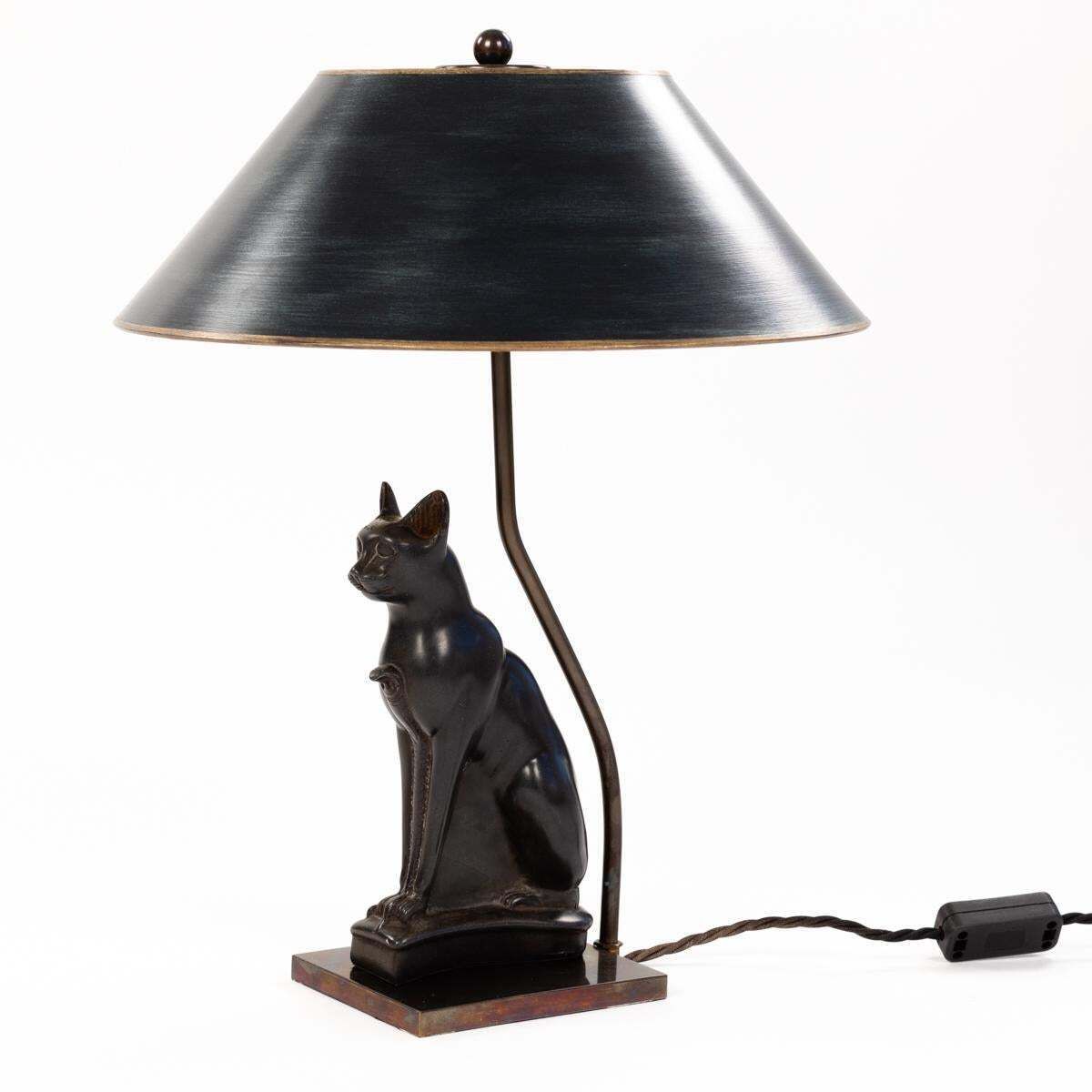 photo furniture French Art Deco Figural Table Lamp Of A Sitting Stone Cat God France, 1940 Ies