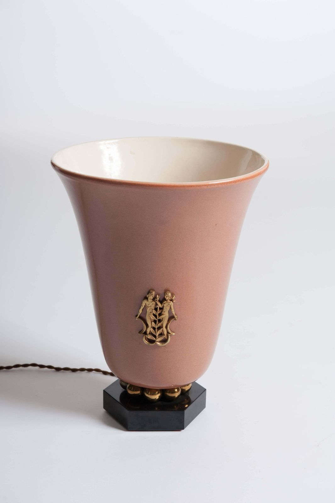 French Art Deco Old Rose Ceramic Table Lamp On Black Stone With Brass Details photo furniture