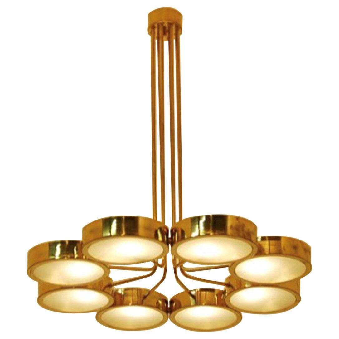 Mid Century Italian Brass, Opal Glass Chandelier 8 Lits From The 1970s
