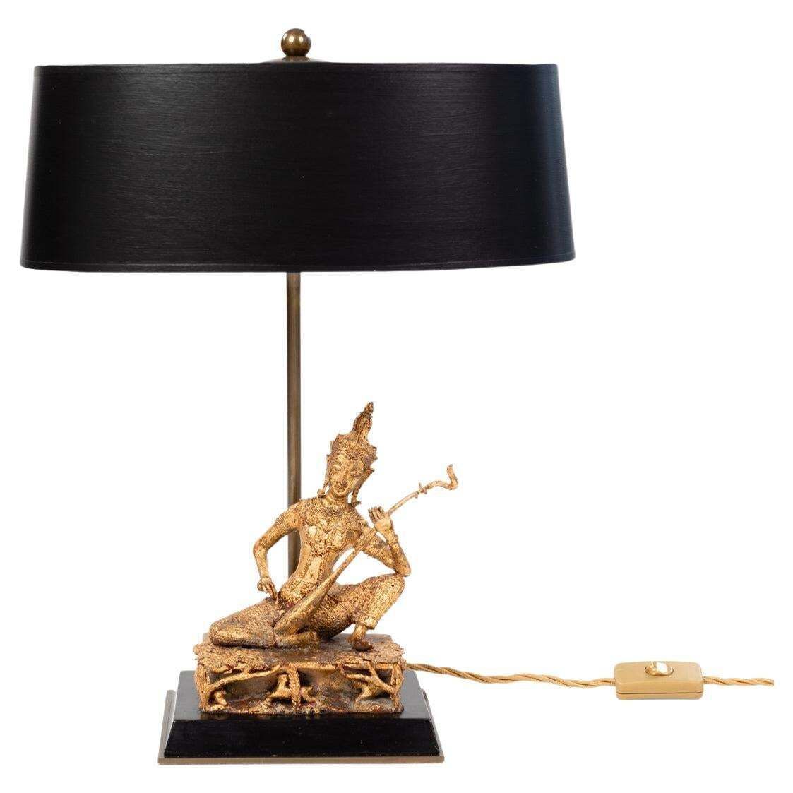 Asian Table Lamp Of A Sitting Temple Musicien Gilded Bronze Thailand 1920s