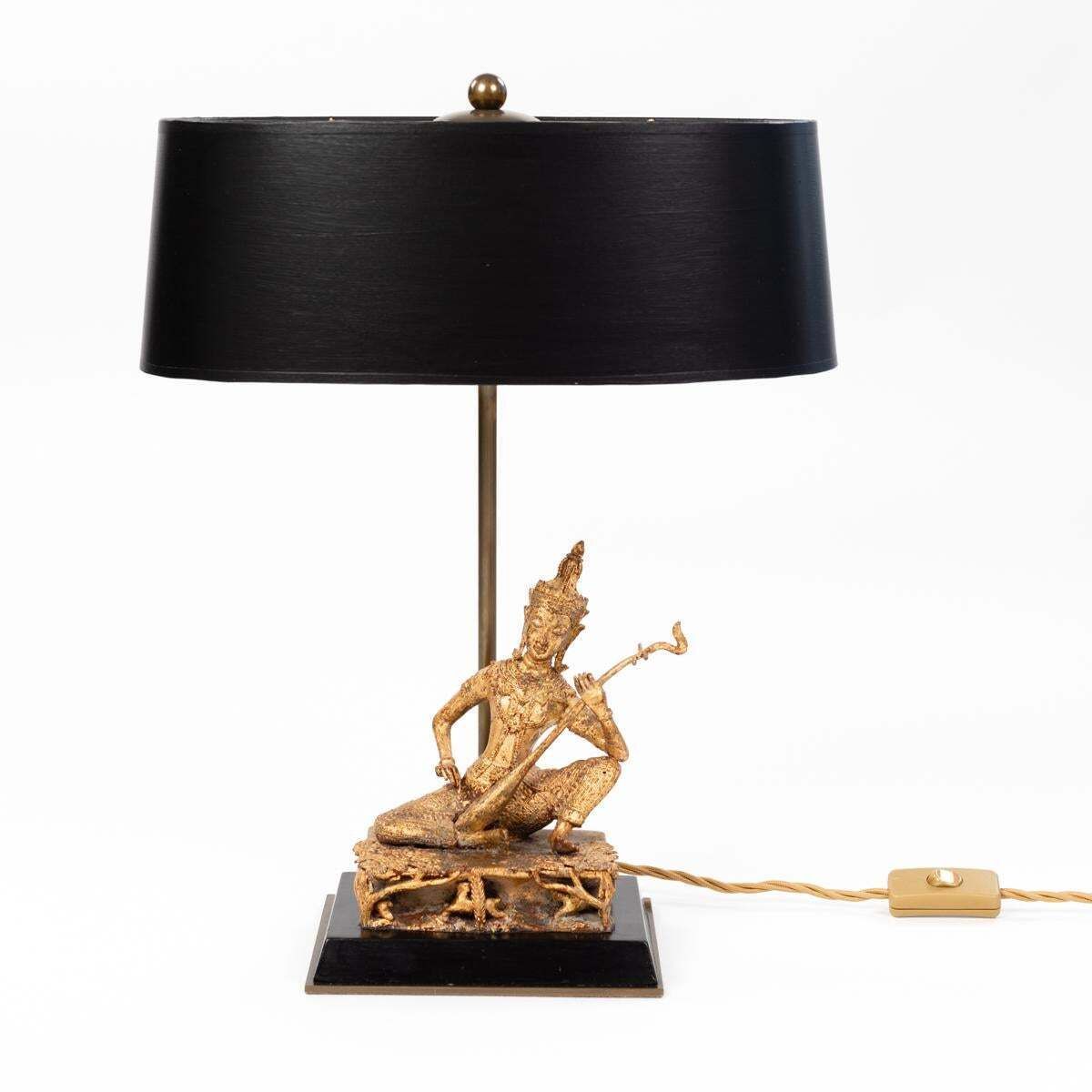 Asian Table Lamp Of A Sitting Temple Musicien Gilded Bronze Thailand 1920s photo furniture