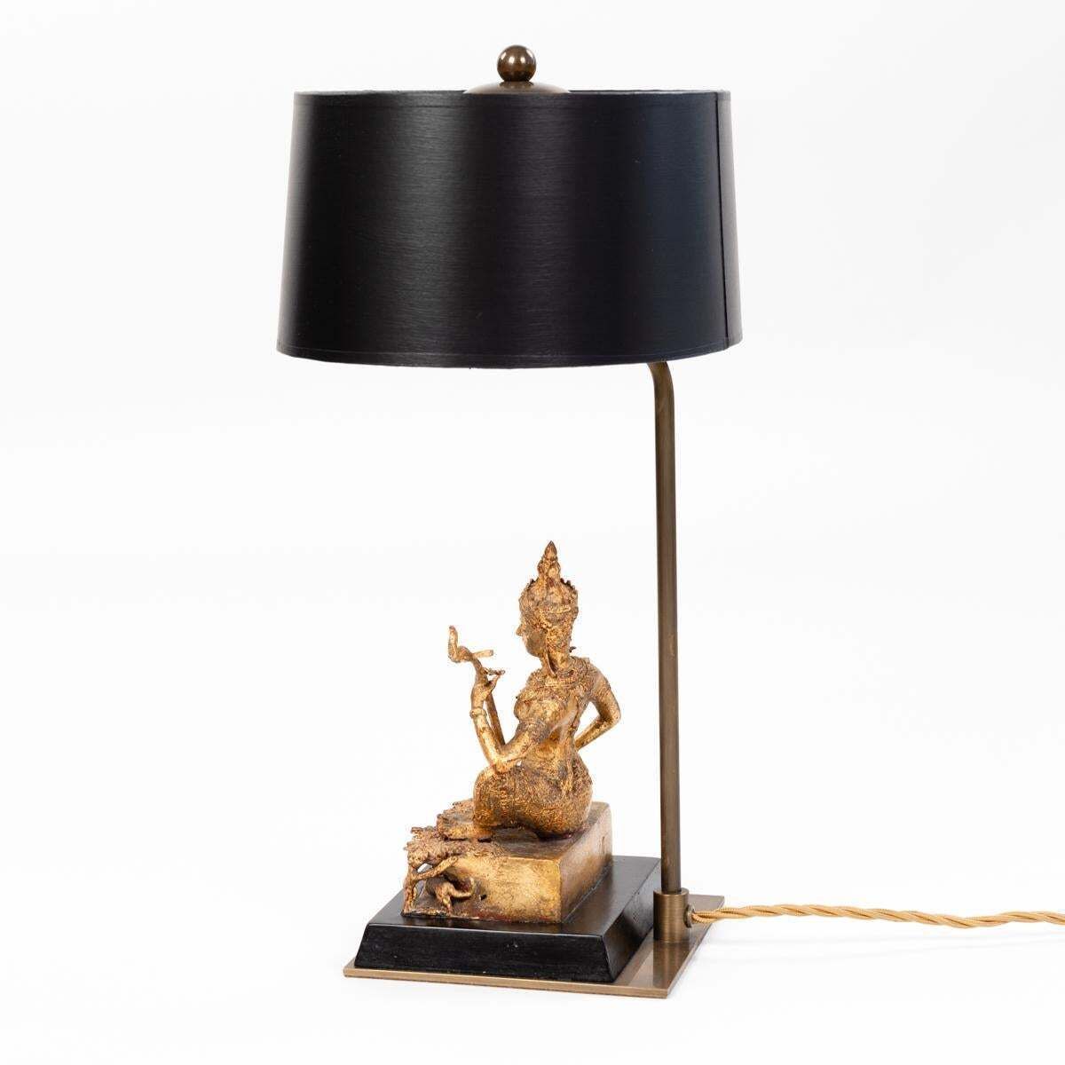 Asian Table Lamp Of A Sitting Temple Musicien Gilded Bronze Thailand 1920s photo buy