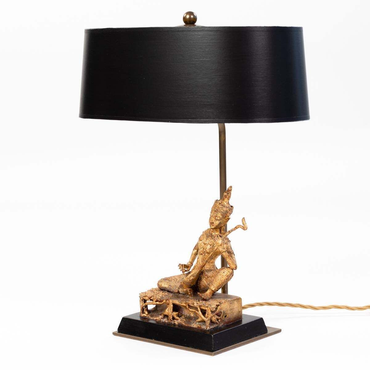 Asian Table Lamp Of A Sitting Temple Musicien Gilded Bronze Thailand 1920s photo vintage