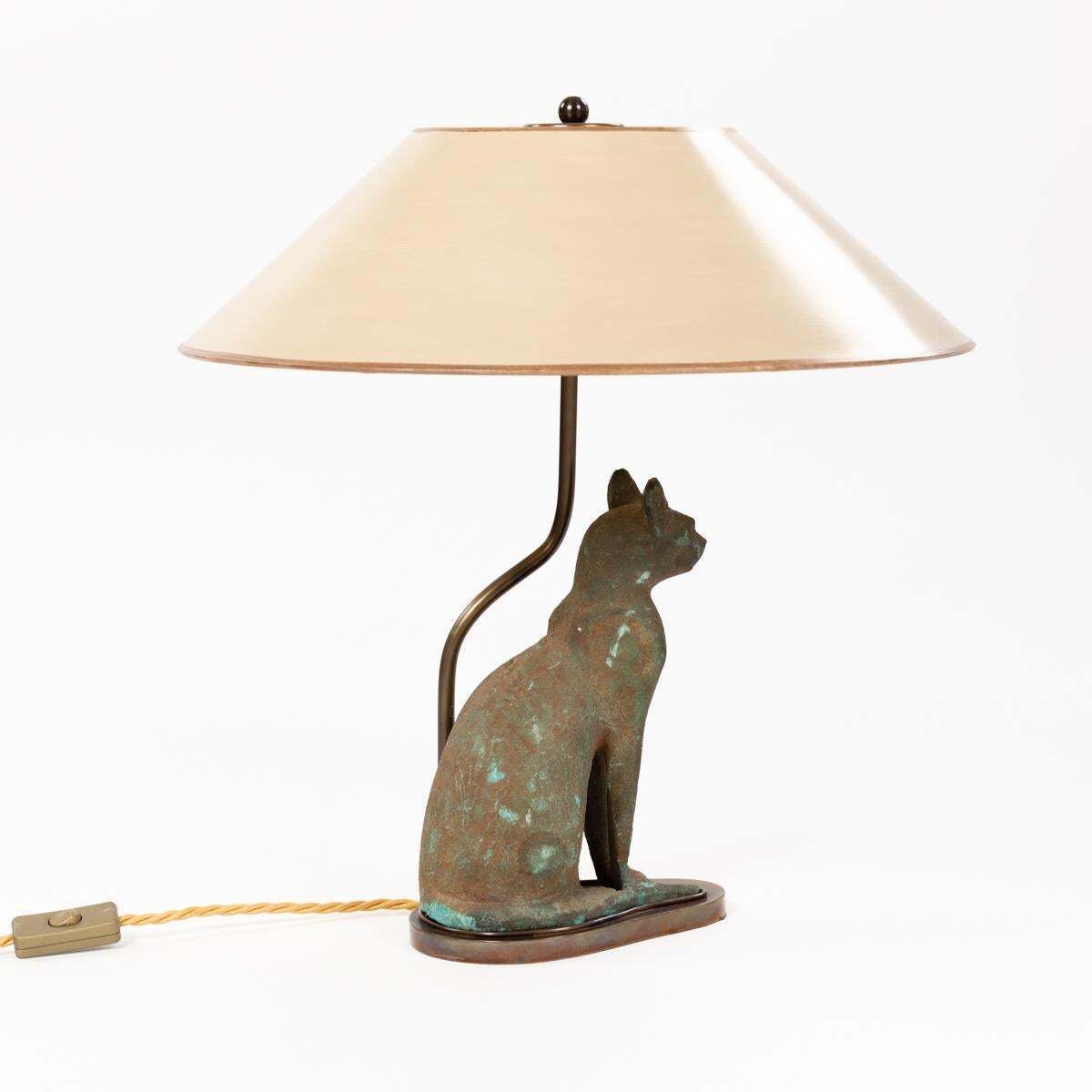 Mid Century Greek Green Bastet Cat God Table Lamp Cast Iron Patinated 1940s photo furniture