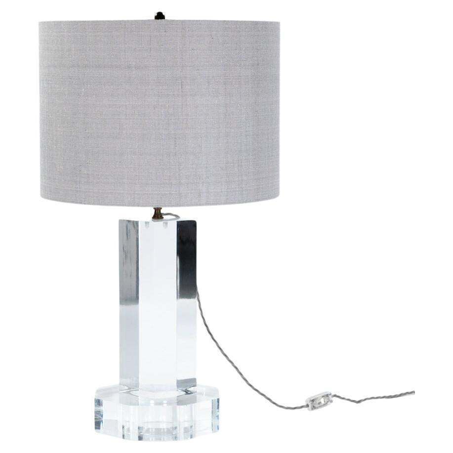 Mid Century French Clear Acylic Glass Table Lamp Grey Colored Silk Shade 1960s