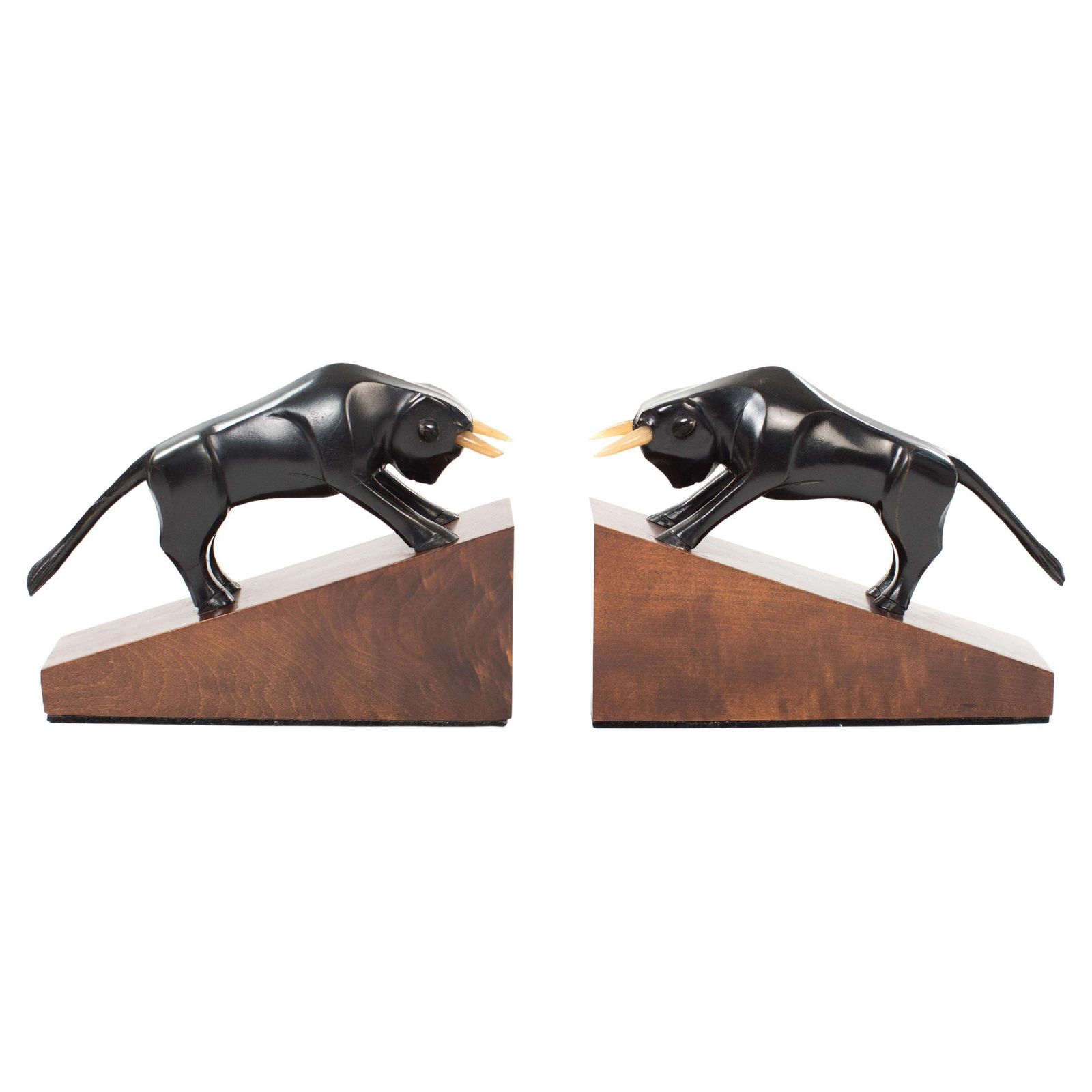 Pair Of French Cubistic Art Déco Bookends In Ebony Horn, Signed By Hand 1920s