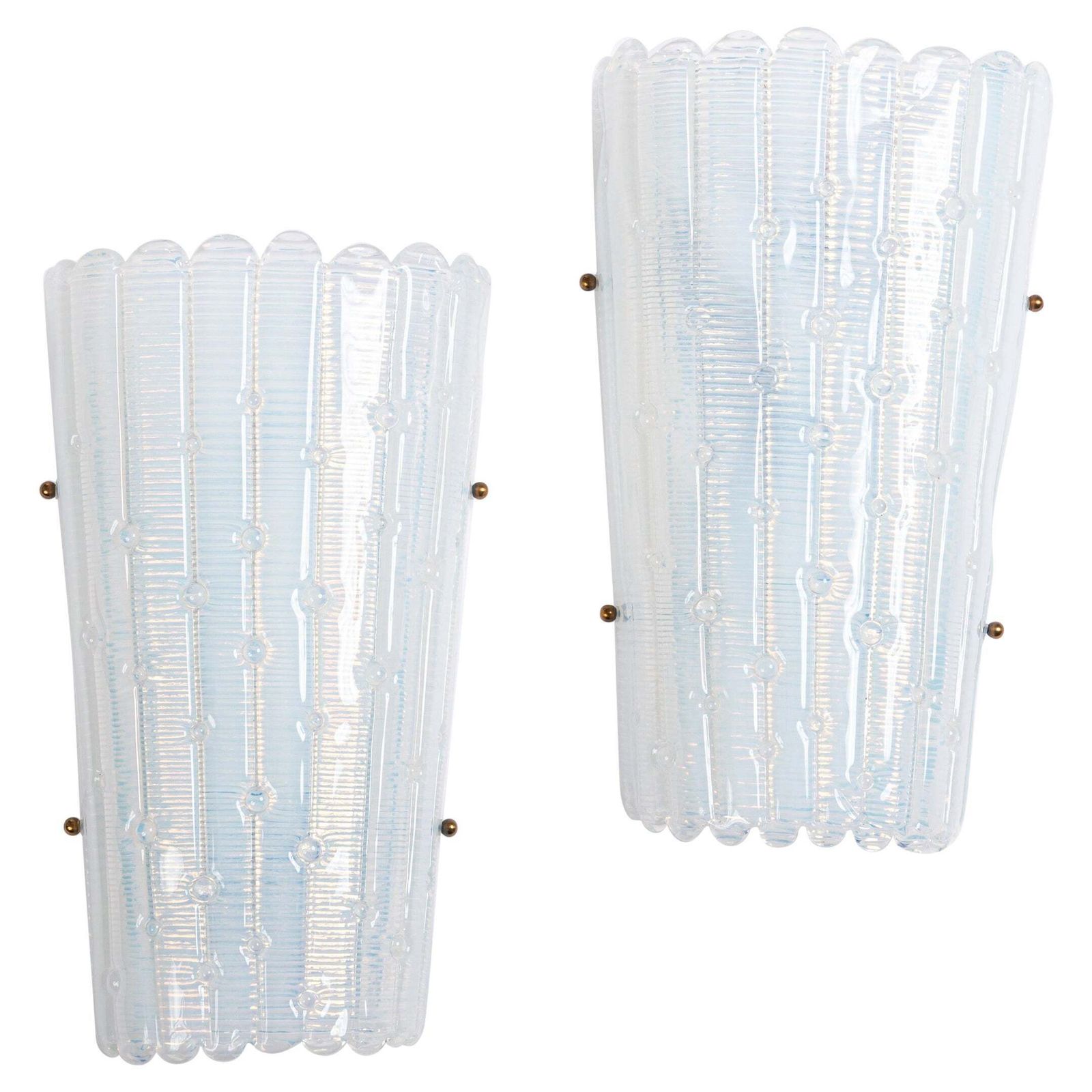 Pair Of Modern, Italian Wall Lights In Opalescent Light Blue Murano Glass, 1980s