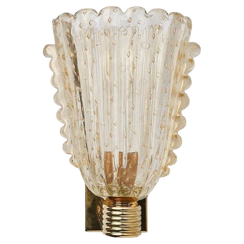 Pair Of Modern Gold Colored Murano Glass Wall Lamps On Brass Base, Italy 1980s