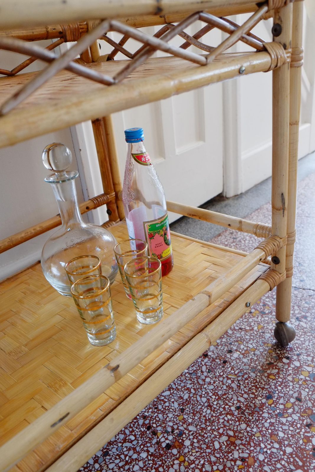 Boho Large Bamboo Rectangular Serving Trolley Drinks Bar Cart photo buy