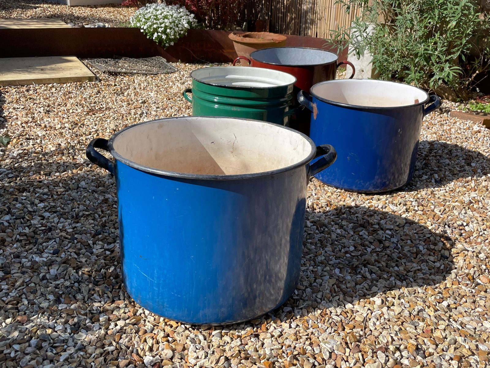 Extra Large Vintage Industrial Royal Blue Enamelled Metal Planter photo Garden Decor