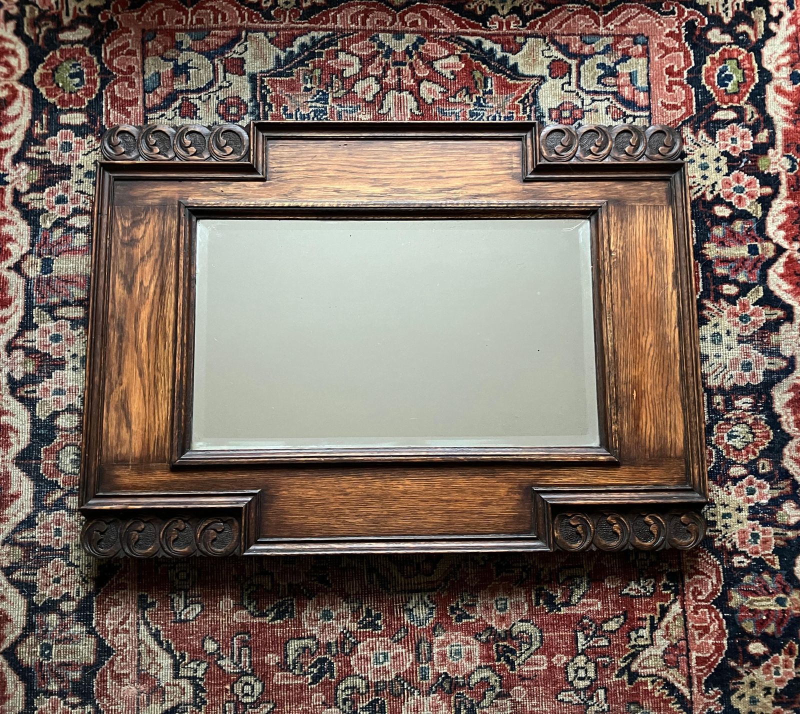 Large Decorative English Oak Framed Art & Crafts Mantel Mirror Late 19th Century photo for sale