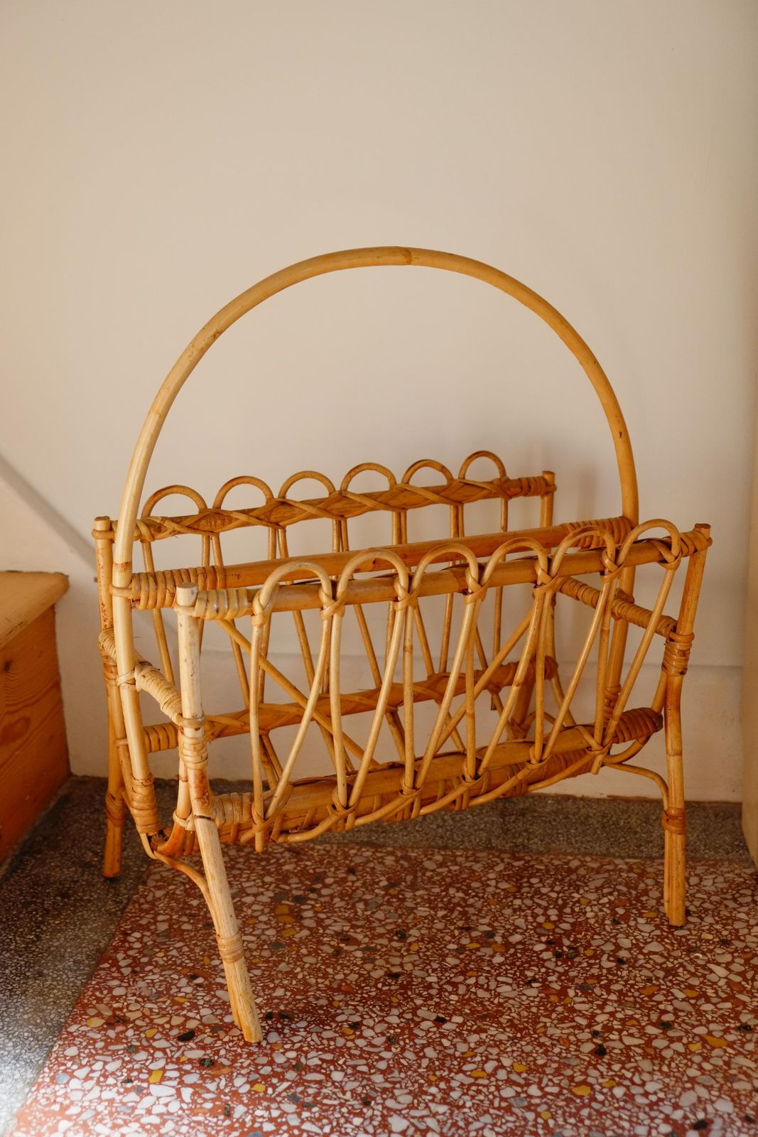 Bamboo Rattan Bohemian Midcentury Magazine Rack photo for sale