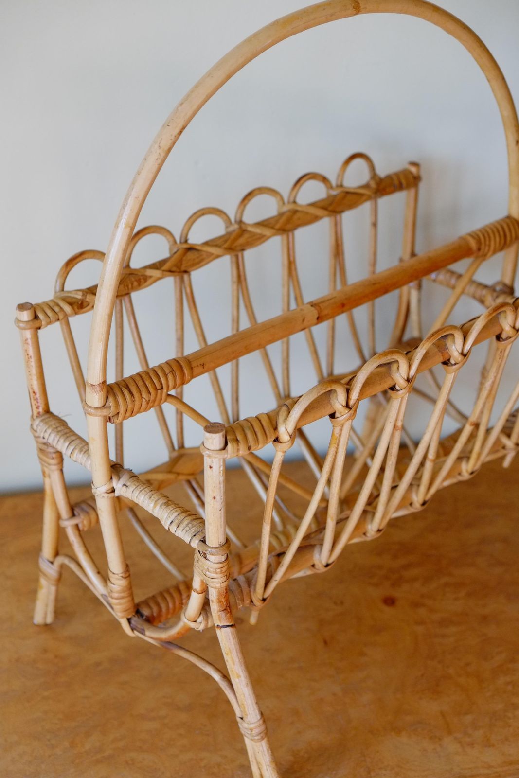 Bamboo Rattan Bohemian Midcentury Magazine Rack photo vintage