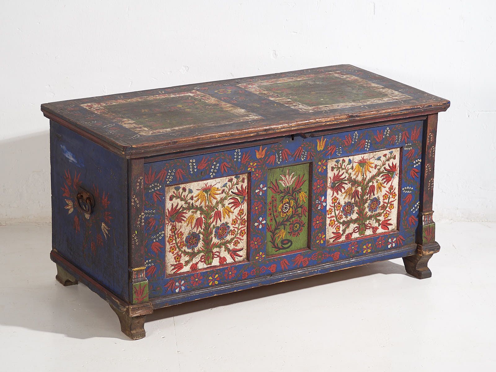 Antique Blue Trunk With Hand Painted Floral Details (C.1870) #2 photo for sale