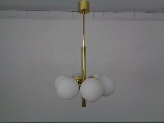 Sputnik Brass And Glass Ceiling Chandelier From Kaiser Idell / Kaiser Leuchten, Germany, 1960s