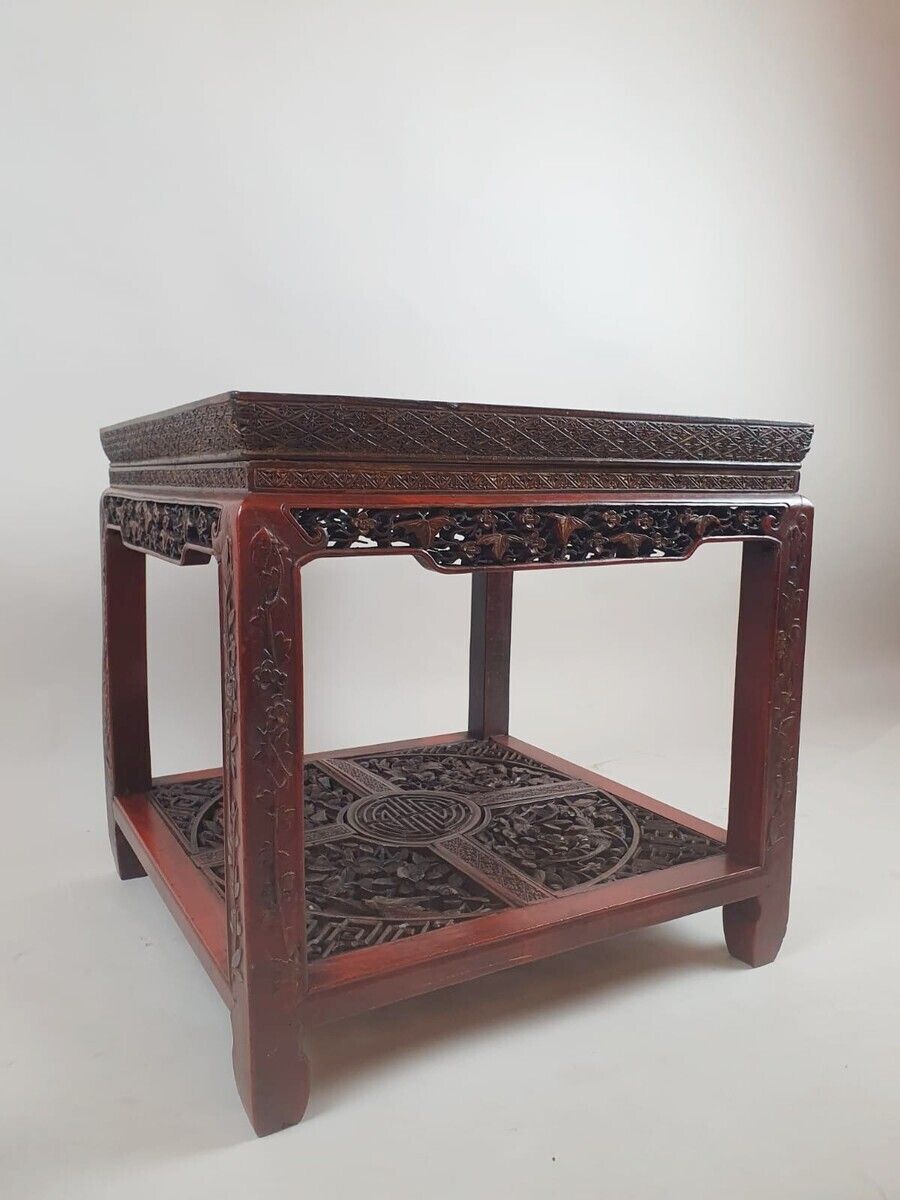Chinese Coffee Table In Red Lacquered Wood Decorated With Branches, Flowers And Birds, Early 20th Century photo Furniture