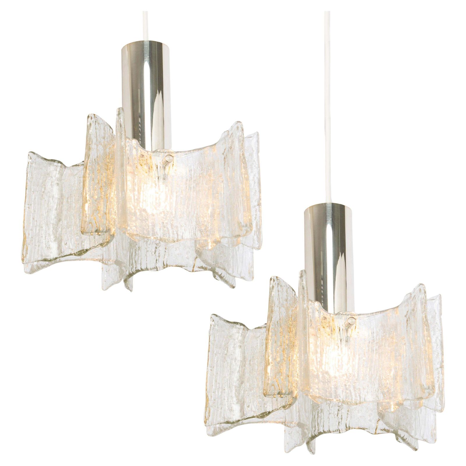 1 Of 4 Petite Ice Glass Chrome Pendant Light By Kaiser, Germany, 1960s