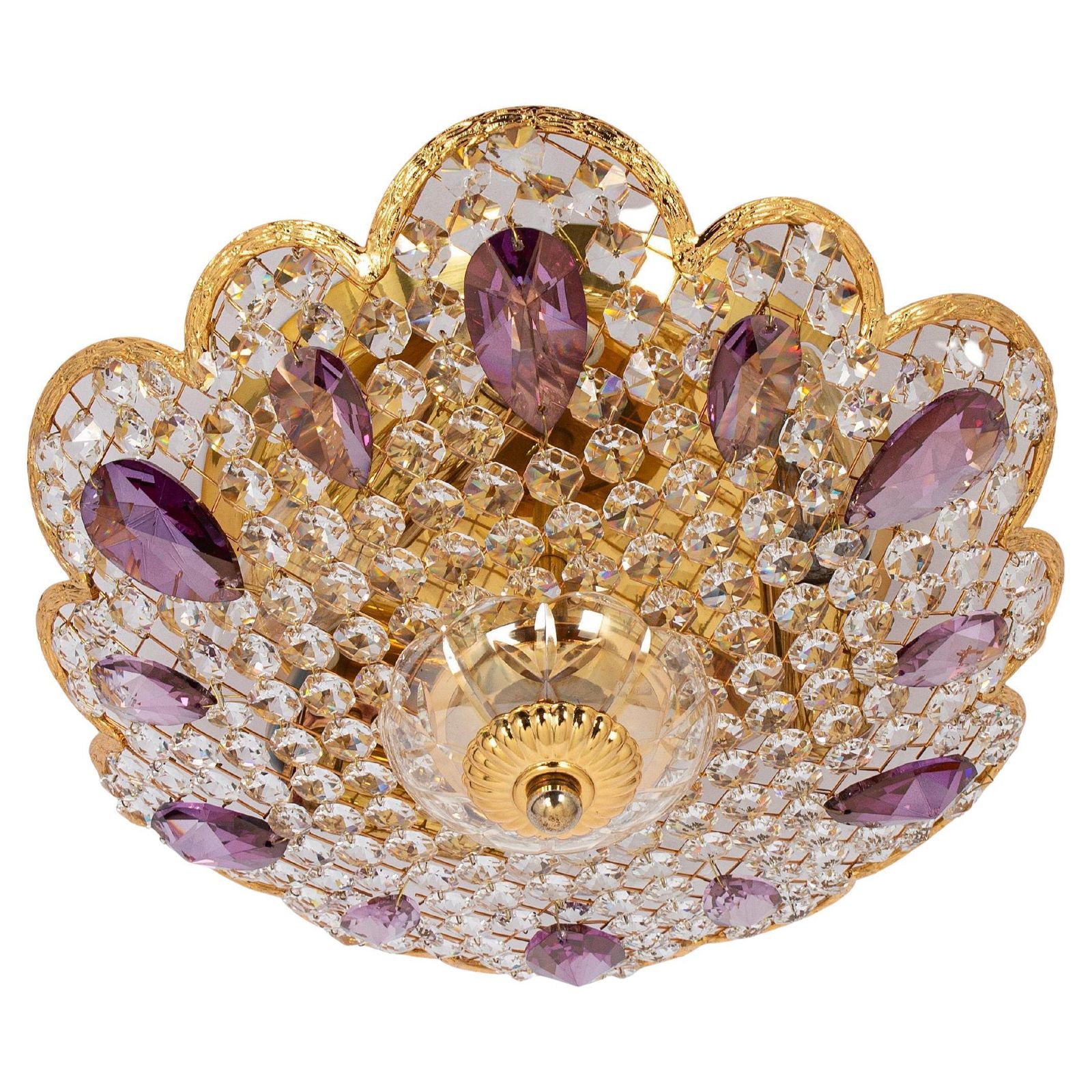 Petite Delicate Gilt Brass Cut Glass Flower Flush Mount By Palwa, Germany, 1970s