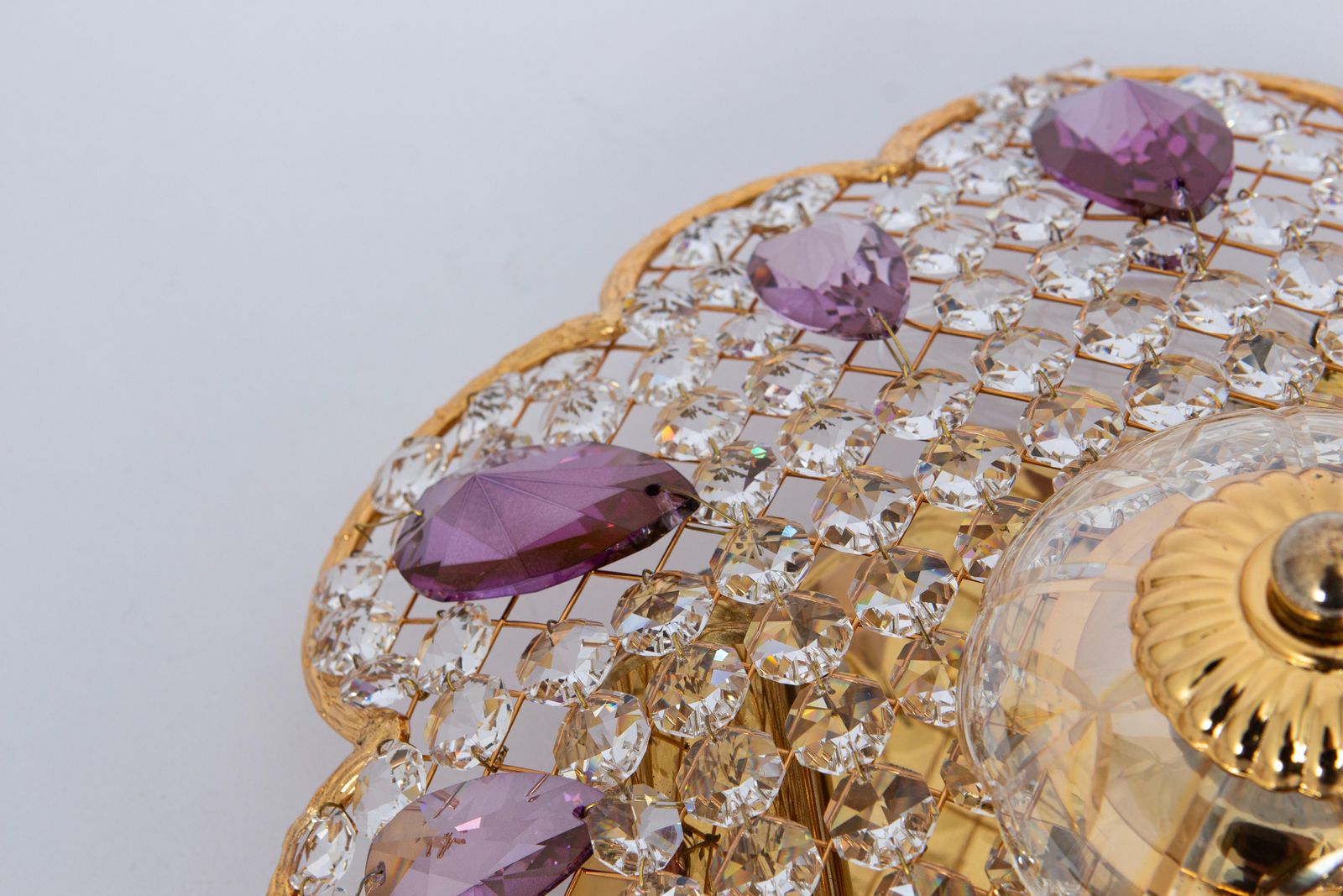Petite Delicate Gilt Brass Cut Glass Flower Flush Mount By Palwa, Germany, 1970s photo for sale