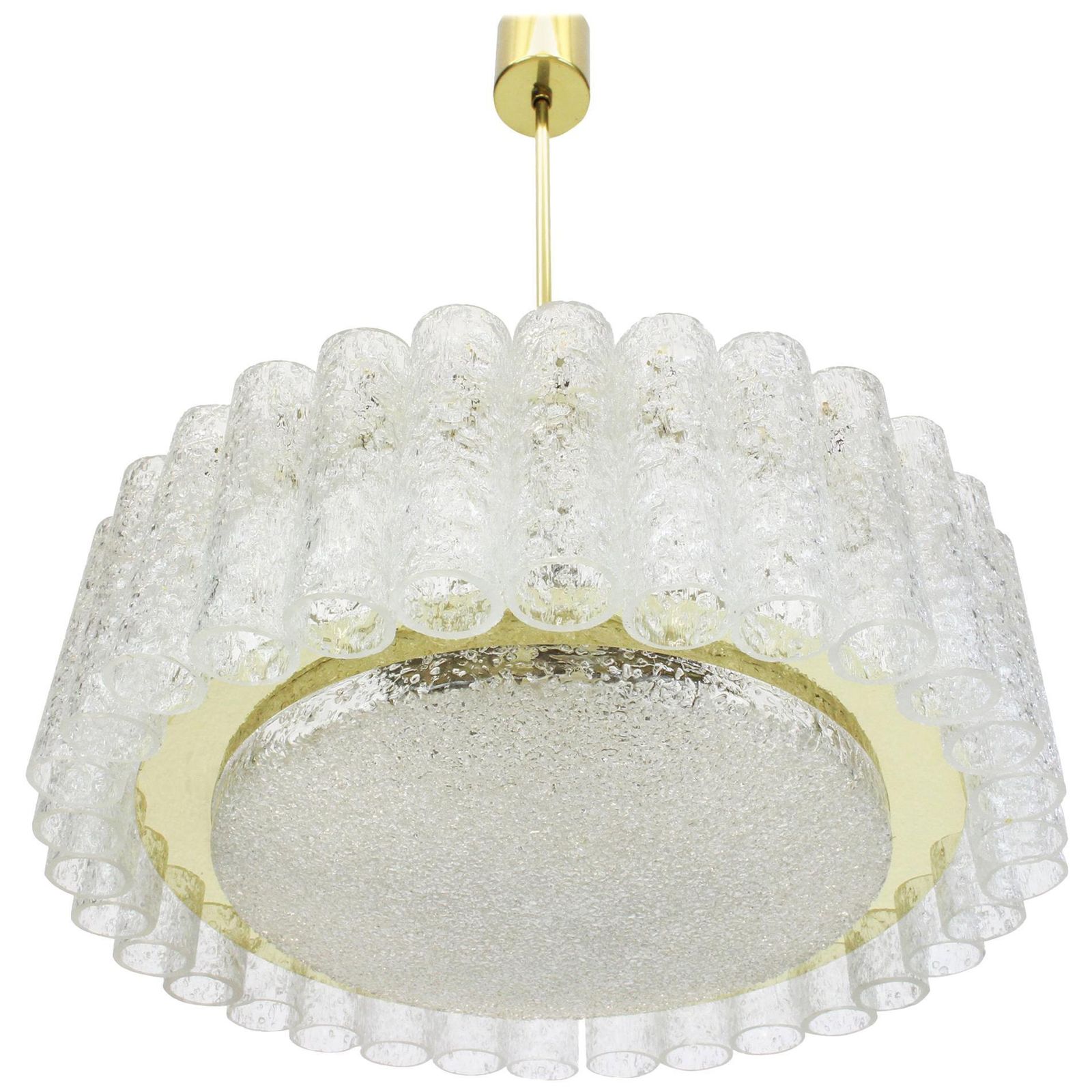 1 Of 2 Doria Ice Glass Tubes Chandelier With Brass Surround, Germany, 1960s