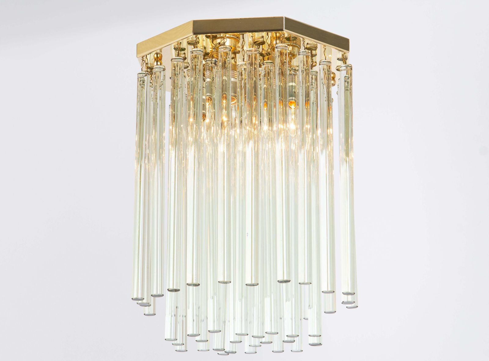 1 Of 3 Brass And Crystal Glass Rods Flush Mount Light By C.Palme, Germany, 1970s photo for sale