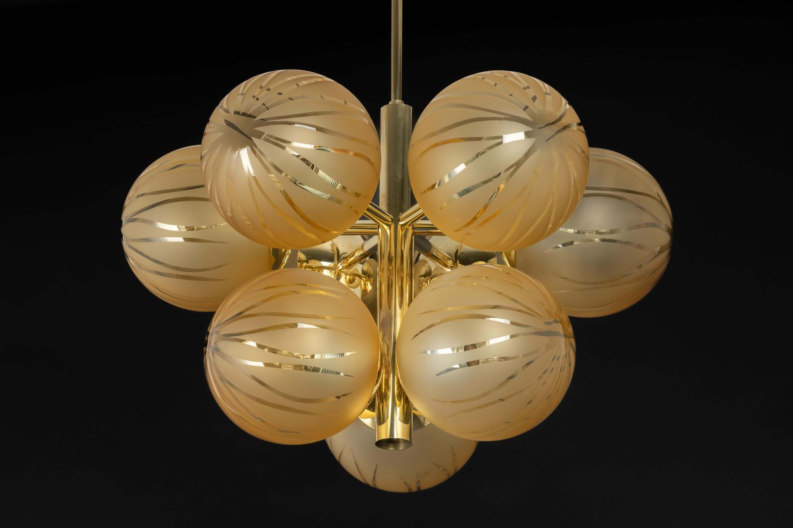 photo for sale Large Stunning Kaiser Sputnik Opal Glass Globes Chandelier, Germany, 1970s