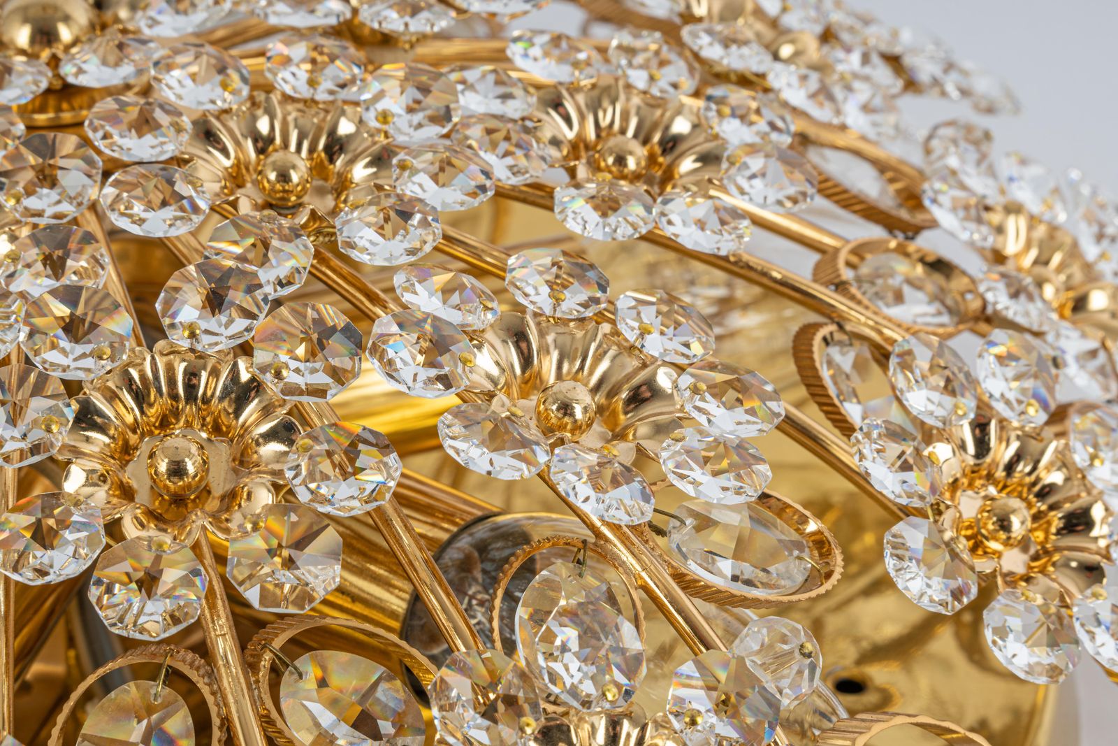 1 Of 3 Delicate Gilt Brass Cut Glass Flower Flush Mount By Palwa, Germany, 1970s photo for sale