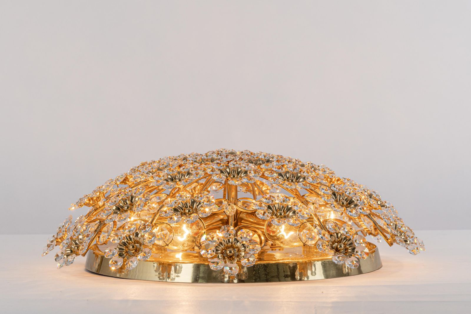 1 Of 3 Delicate Gilt Brass Cut Glass Flower Flush Mount By Palwa, Germany, 1970s photo Lighting